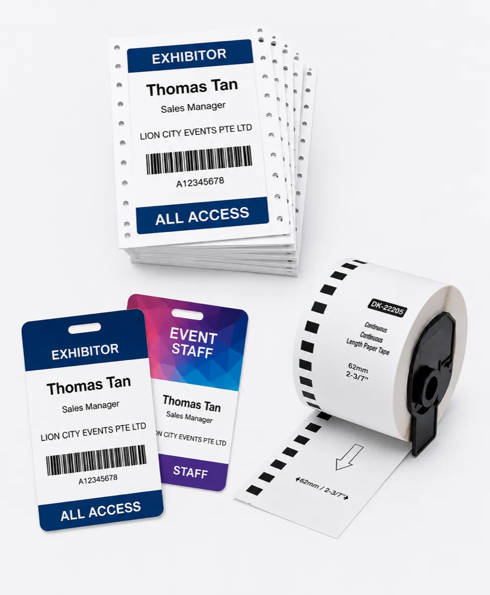 Event badge stock, PVC cards, and label printing supplies