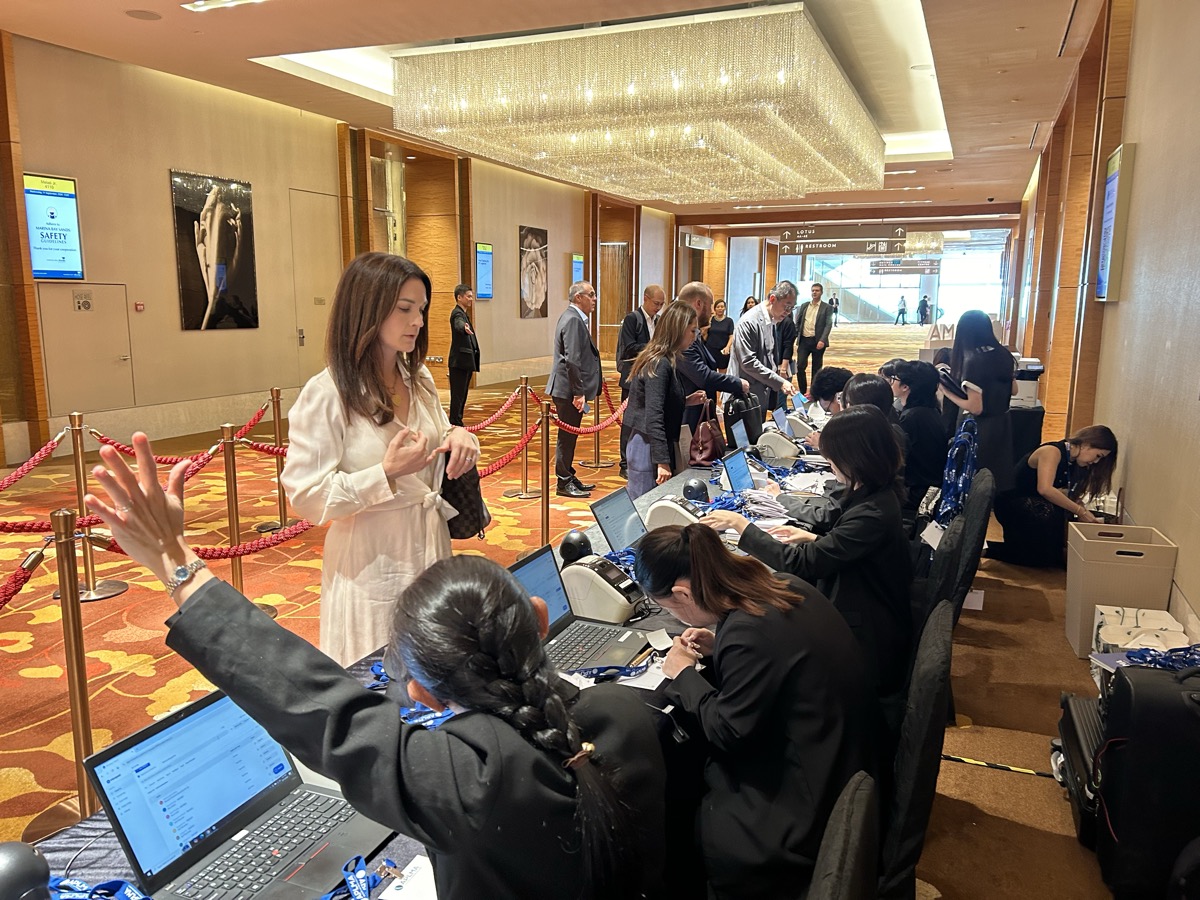 Event registration desk with iPads and badge printers in Hong Kong